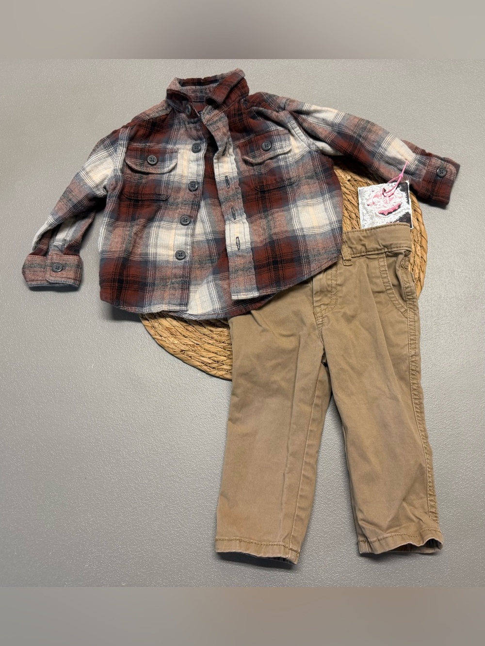 The Children's Place Red Brown Plaid Flannel Shirt with Tan Khaki Pants